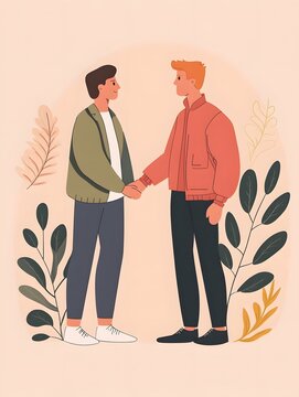 Two men shaking hands, symbolizing partnership, agreement, or friendship.  Simple, minimalist style with foliage background.