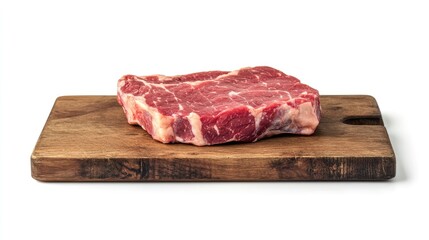 Fototapeta premium Fresh beef cut displayed on a rectangular wooden chopping board, isolated on a white background, emphasizing the quality of the meat