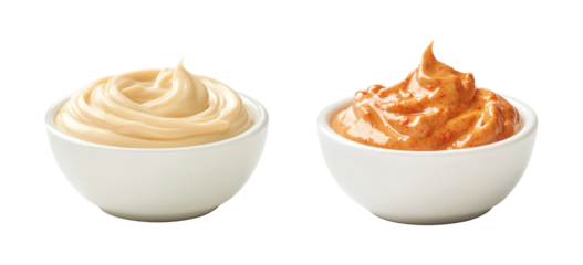 Bowl with white mayonnaise dip, side and top view, food bundle, isolated on a transparent background