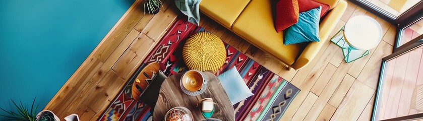Brightly colored living room with sofas, carpets and wooden floors.