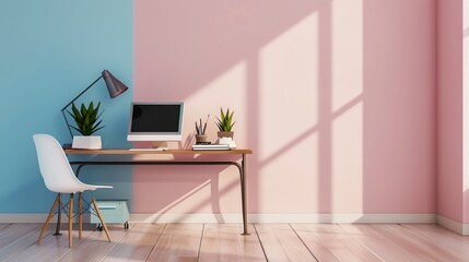 A minimalist home office with a pink and blue wall, a wooden desk, a white chair, and sunlight streaming through the window.