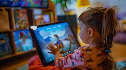 Child Engaged in Virtual Storytime Session with Teacher Reading Picture Book on Screen