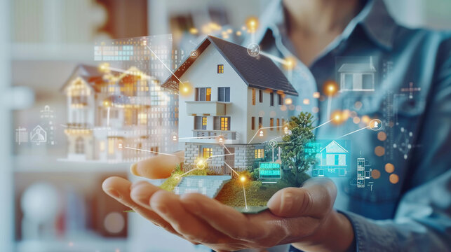 A person holds a miniature model house with digital tech icons overlay, representing real estate and digital innovation in housing.