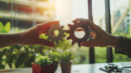 Two hands fit interlocking gears together in front of a window with natural light, symbolizing teamwork, cooperation, and innovation.