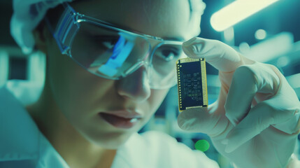A focused scientist examines a microchip while wearing protective gear and working in a high-tech laboratory.
