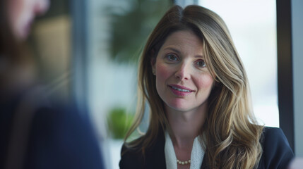 Fototapeta premium A woman with a warm expression sits in a bright office, conveying a sense of professionalism and approachability, ready to engage in conversation or work.
