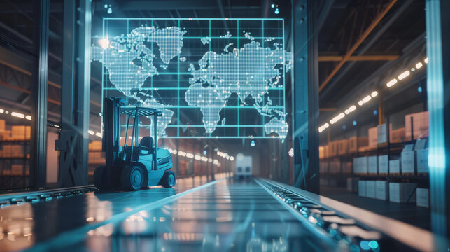 High-tech warehouse with a forklift moving products along a conveyor, featuring a digital world map overlay, emphasizing modern logistics.