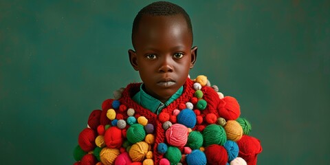 Young boy wearing a vibrant red sweater adorned with colorful yarn balls against a green backdrop.