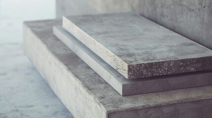 A minimalist shot of stacked concrete slabs on a textured surface, highlighting the raw, industrial aesthetic and clean lines.