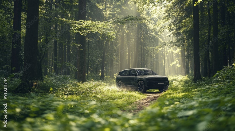 Poster a modern suv navigates a narrow forest trail surrounded by tall trees and soft sunlight filtering th