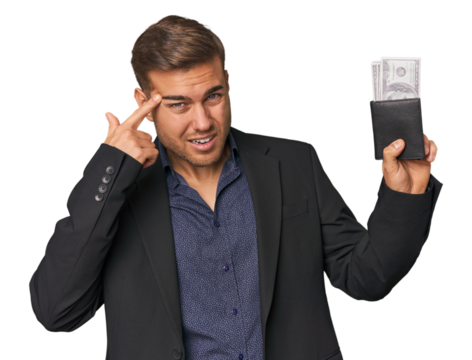 business caucasian man holding tickets showing a disappointment gesture with forefinger.