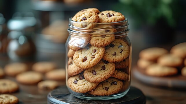 A glass jar filled with freshly baked chocolate chip cookies.