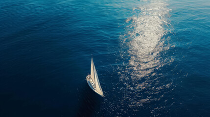 An aerial view of a single white sailboat navigating the serene, deep blue ocean, symbolizing solitude, freedom, and peaceful maritime adventure.