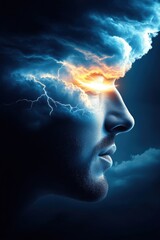 Obraz premium Mindful storm: a surreal portrait of lightning and thoughtful reflection at dusk