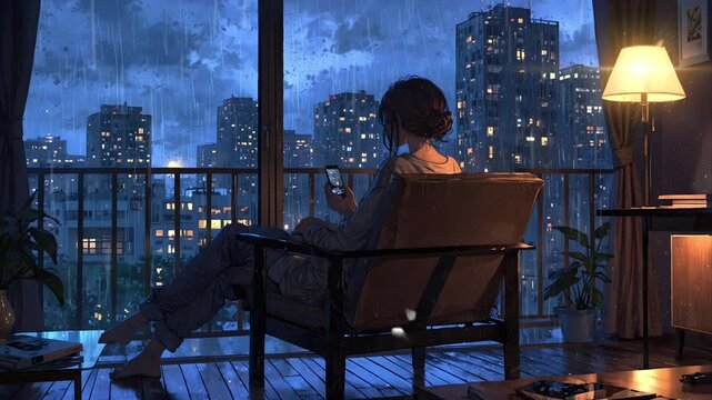 A girl is sad and sitting beside the window during heavy rain. The atmosphere is sad and gloomy. Seamless 4K looping timelapse video animation generated AI