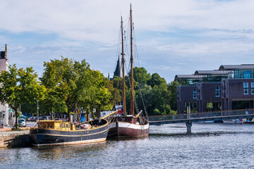 View of the museum harbor of Lübeck on the Baltic Sea with old historic ships