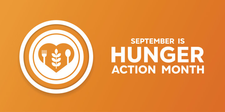Hunger Action Month. Wheat, plate, fork, spoon and heart. Great for cards, banners, posters, social media and more. Orange background.