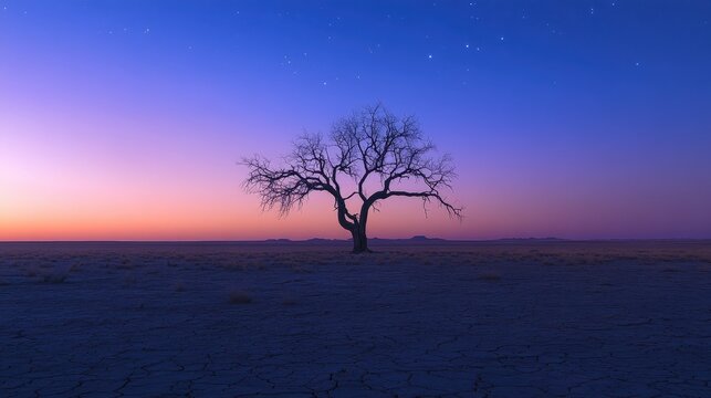 Solitary Tree at Twilight on a Vast Plain &ndash; Majestic Lone Tree Under a Starry Sky