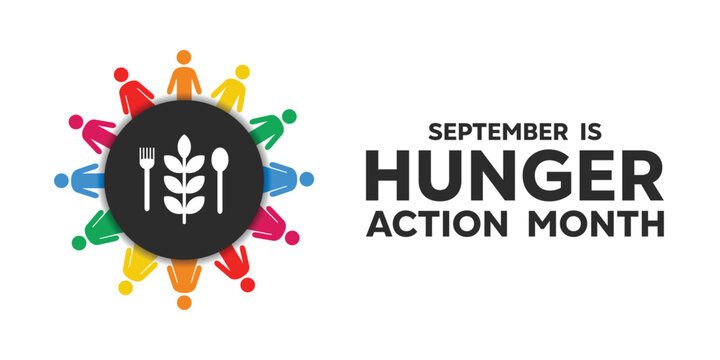 Hunger Action Month. Wheat, fork, spoon and people. Great for cards, banners, posters, social media and more. White background.