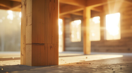 Warm morning light filters through an unfinished wooden structure, creating a serene and hopeful atmosphere in the construction site.