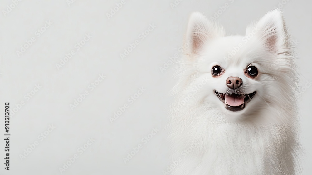 Wall mural white pomeranian dog with a friendly expression on a white background, featuring space to add text o