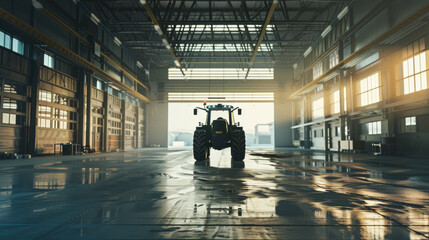A lone tractor sits in the middle of a large, industrial warehouse filled with natural light filtering through the windows.