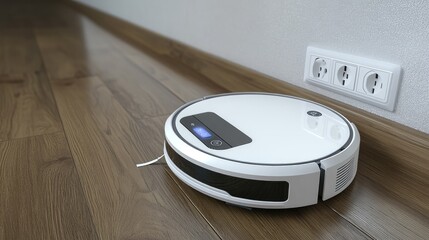 White robotic vacuum cleaner charging from an electrical outlet on its base, set against a wooden laminate floor