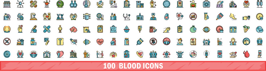 100 blood icons set. Color line set of blood vector icons thin line color flat on white