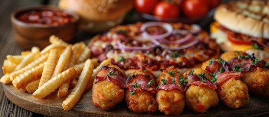 Appetizing Feast: Pizza, Burgers, Fries, and Bacon-Wrapped Bites