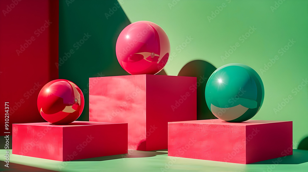 Poster 3D Illustration of Three Shiny Spheres on Red Cubes