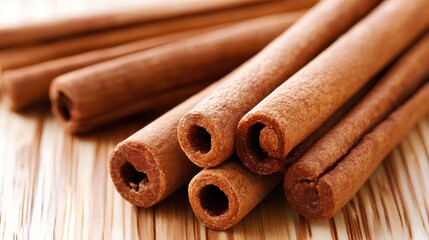 several cinnamon sticks. They are cylindrical and have a hollow center, with a rough, textured surface