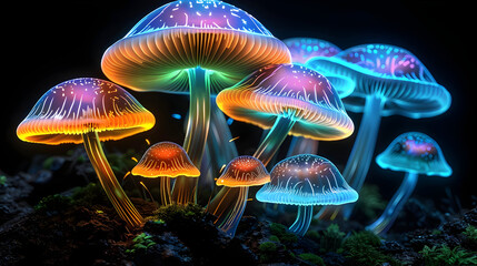 Glowing Neon Mushrooms 3D Illustration