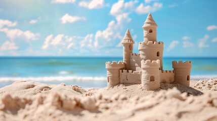 A detailed sandcastle on a sunny beach with a calm ocean and blue sky in the background.