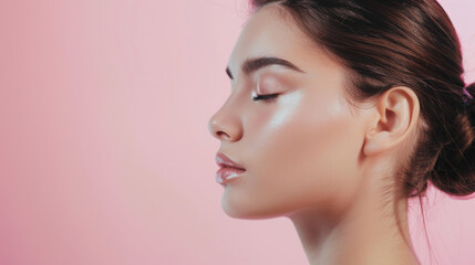 Fototapeta premium Close-up profile of a woman with sleek hair against a soft pink backdrop, exuding elegance and a calm, reflective posture.