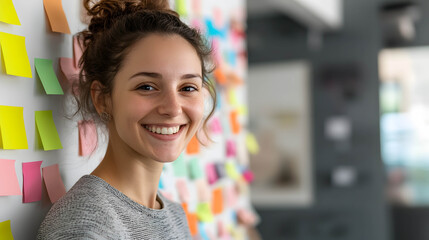 Close-up of a person’s happy expression while brainstorming new ideas on a sticky note-covered wall