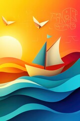 Vibrant sailboat journey at sunset on colorful waves