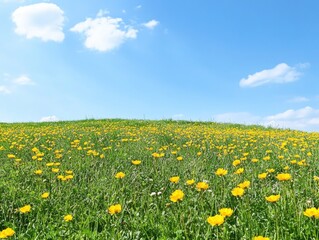 Obraz premium Yellow flowers growing in a field under a clear blue sky