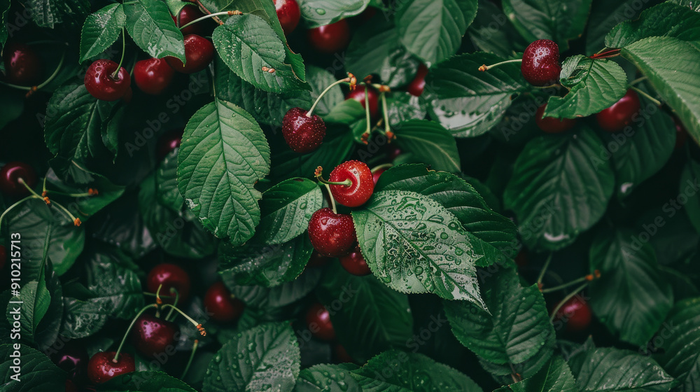 Wall mural Dew-kissed cherries rest among lush green leaves, capturing a fresh and vibrant garden moment in the early morning.