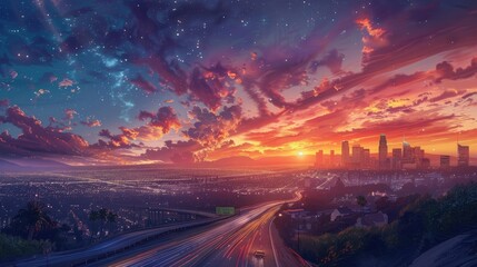 Dreamlike dawn view of city, iconic landmarks, serene highway, twilight sky with stars, and radiant light