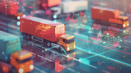A vibrant illustration of shipping trucks and containers enhanced with digital lights, epitomizing the advanced integration of technology in logistics.