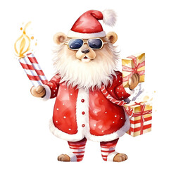 Obraz premium Cartoon bear dressed as Santa Claus holding a candle and gifts. Perfect for Christmas holiday themes and festive decorations.