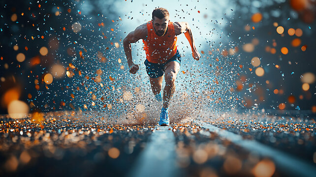 Photorealistic high-resolution image of a runner shattering the finish line tape, blurred track behind