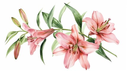 Obraz premium Watercolor illustration of lily flowers with leaves
