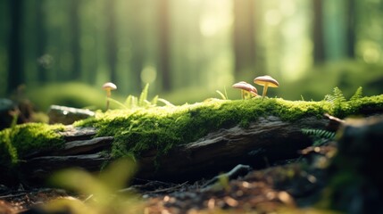 Mushrooms and moss growing on a downed tree