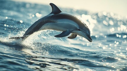 Fototapeta premium A dolphin leaps from the sea, its body arched in mid-air