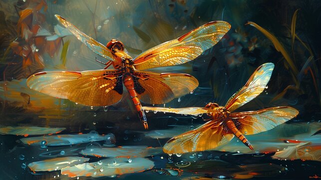 a painting of two dragonflies with vibrant, translucent wings. The dragonflies are depicted in mid-flight above a body of water, which has lily pads floating on its surface