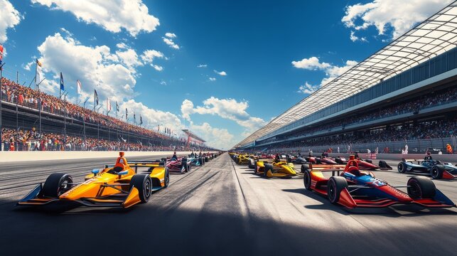 Cars rev their engines at the starting line of the Indianapolis Motor Speedway, ready for an exciting race under clear skies.