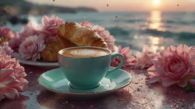A cup of hot coffee and corned beef bread on the table with a beautiful beach background. Seamless 4K looping timelapse video animation generated AI