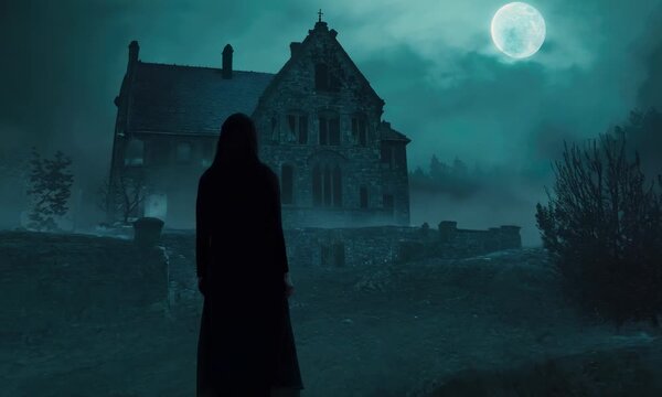 Dark, eerie night with figure near ominous house under full moon