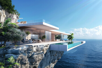 Fototapeta premium Luxurious villa on cliff over turquoise ocean. Beautiful modern house with green plants and pool on sea coast. Vacation home